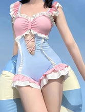 cute pink kawaii swimsuit ruffle one piece modest bathing suit