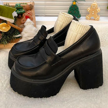 womens Japanese fashion school uniform gyaru gal kogal high heel chunky platform loafers shoes black