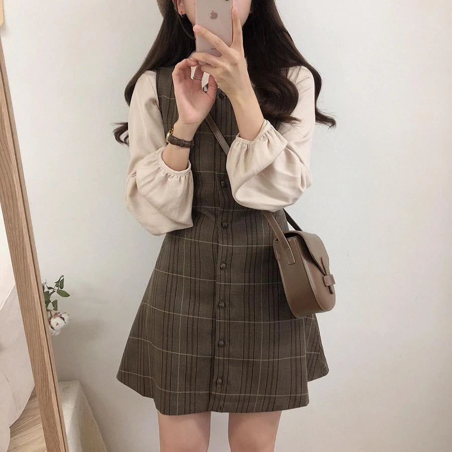 Womens Dark Academia Outfits Plaid Brown Mini Dress Set The Kawaii Factory Womens Dark Academia Outfits Plaid Brown Mini Dress Set The Kawaii Factory