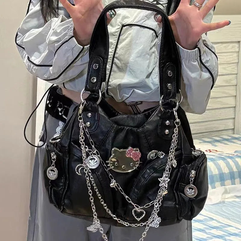 Womens Y2K Gyaru Gothic Black Messenger Bag Hello Kitty Purse – The Kawaii  Factory