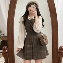 womens korean dark academia fashion brown plaid mini dress fall 2024