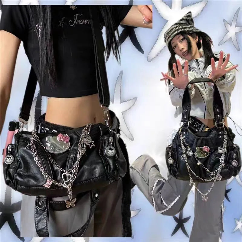 Womens Y2K Gyaru Gothic Black Messenger Bag Hello Kitty Purse