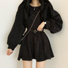 Harajuku Korean Fashion Corduroy Mini Dress with Belt (Black)