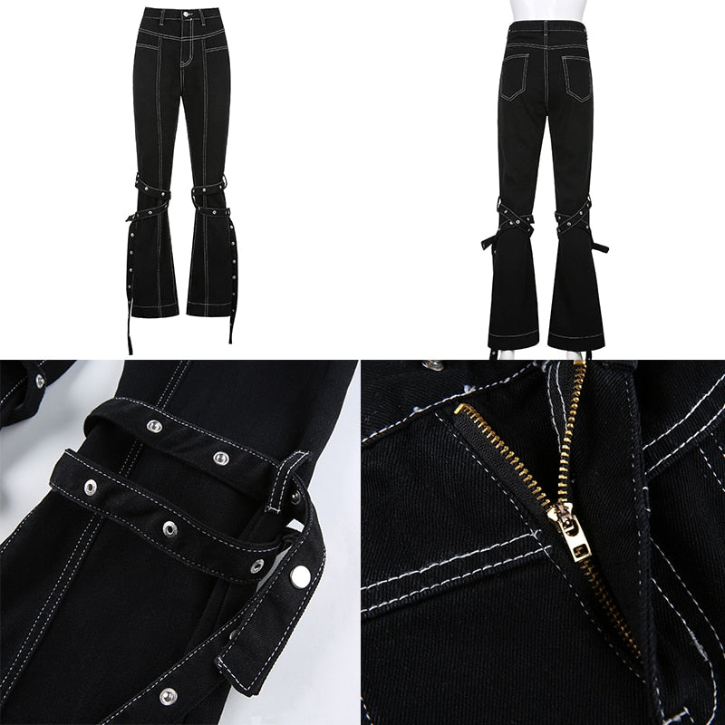 Harajuku Korean Fashion Y2K High Waist White Stitch Black Flared Jeans –  The Kawaii Factory