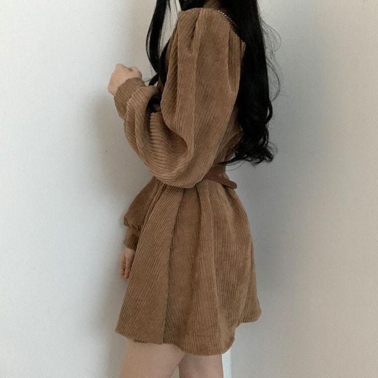 Harajuku Korean Fashion Corduroy Mini Dress with Belt (Brown) The Kawaii Factory Harajuku Korean Fashion Corduroy Mini Dress with Belt (Brown) The Kawaii Factory