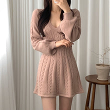 Harajuku Korean Fashion V Neck Long Sleeve Cable Knit Mini Dress (Black/Brown/Blush/Beige)