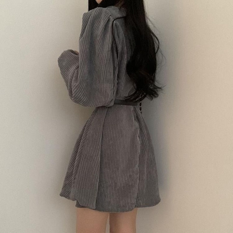 Harajuku Korean Fashion Corduroy Mini Dress with Belt (Gray) – The Kawaii  Factory