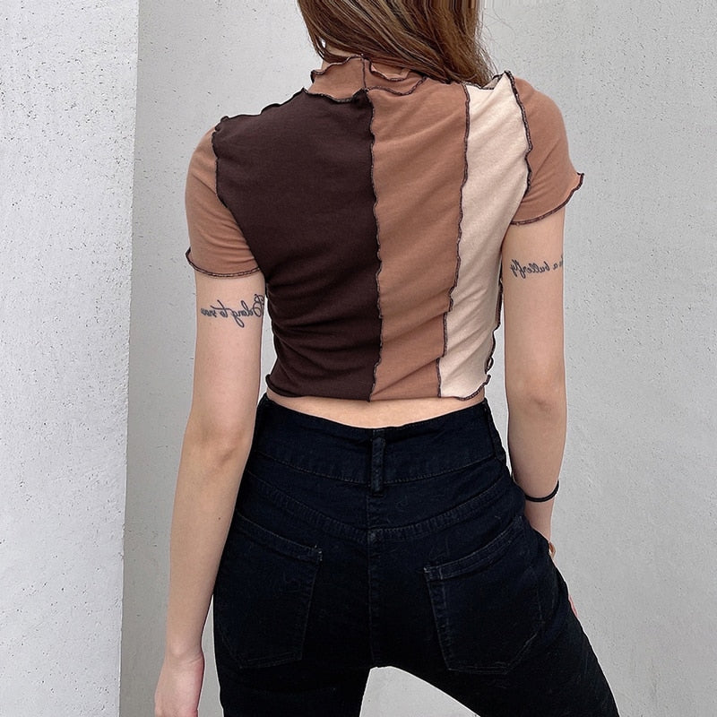 Lace Patchwork Brown Crop Top Y2k Clothes Fairy Grunge Style