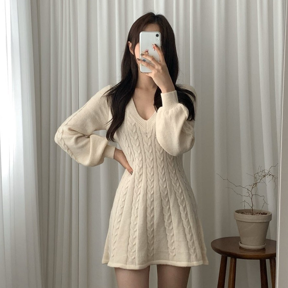 Harajuku Korean Fashion V Neck Long Sleeve Cable Knit Mini Dress (Blac – The Kawaii Factory