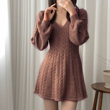 Harajuku Korean Fashion V Neck Long Sleeve Cable Knit Mini Dress (Black/Brown/Blush/Beige)