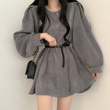 Harajuku Korean Fashion Corduroy Mini Dress with Belt (Gray)