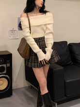 autumn fall outfits womens white off the shoulder sweater tartan wool skirt aesthetic preppy old money