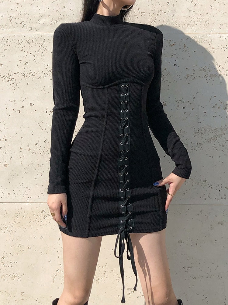 Korean Aesthetic Black Dress With Wide Waist Corset Belt