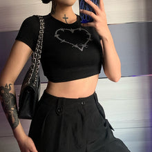 Y2K Rhinestone Barbed Wire Heart Print Crop Top
