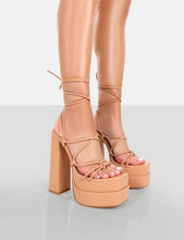 womens chunky heel platform beige lace up sandals