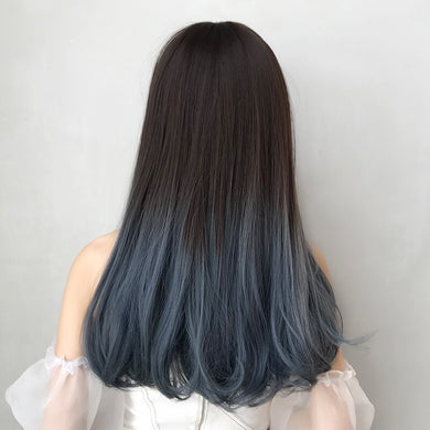 Korean Style Kpop Idol Wig Cosplay Synthetic Wig Brown Blue Ombre Straight Long Wig