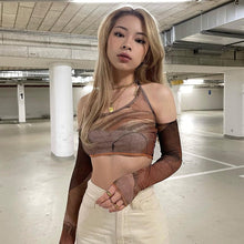 Y2K Grunge Fairy Core Abstract Print Mesh Crop Top