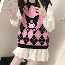 womens kawaii outfits kuromi sweater black pink vest argyle