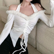 Balletcore Coquette Fur Lined Off Shoulder Drawstring Top