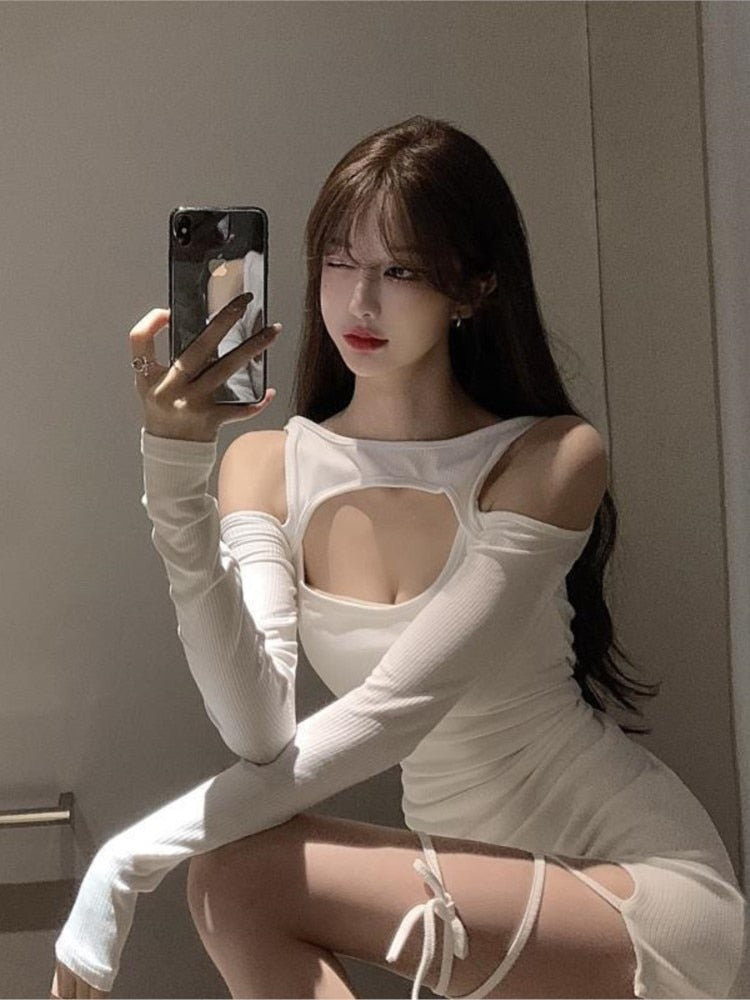 Korean Fashion Open Shoulder Long Sleeve Side Slit Bodycon Dress (Whit The Kawaii Factory Korean Fashion Open Shoulder Long Sleeve Side Slit Bodycon Dress (Whit The Kawaii Factory