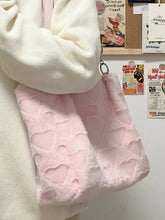 Kawaii Coquette Aesthetic Dollette Baby Pink Faux Fur Heart Print Shoulder Bag