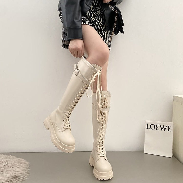 Korean Fashion Womens Knee High Lace Up Beige Combat Boots – The