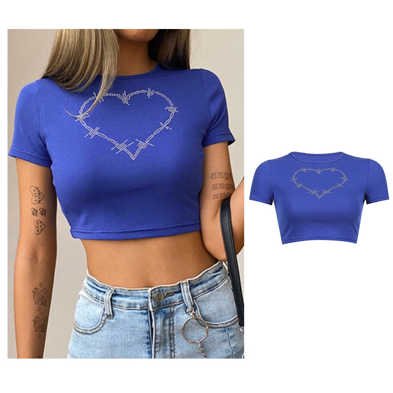 Y2k Shirt for Women Long Sleeve Graphic Rhinestone Crop Top Heart