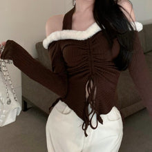 Balletcore Coquette Fur Lined Off Shoulder Drawstring Top