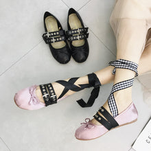 black and pink satin lace up ballet flats with buckle and ribbon