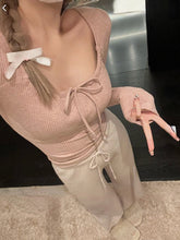 Korean Style Balletcore Ribbed Knit Bow Top