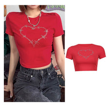 Y2K Rhinestone Barbed Wire Heart Print Crop Top