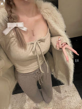 Korean Style Balletcore Ribbed Knit Bow Top
