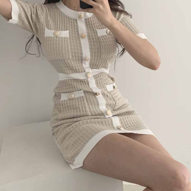 Korean Fashion Elegant Preppy Old Money Aesthetic Beige Knit Dress – The  Kawaii Factory