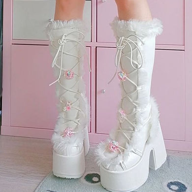 platform white fur boots