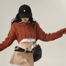 Korean Fashion Cropped Knit Sweater and Shirt Two Piece Set (Brown)