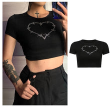 Y2K Rhinestone Barbed Wire Heart Print Crop Top