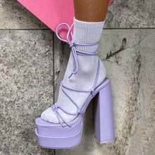 womens lilac lavender purple chunky heel high heel lace up sandals