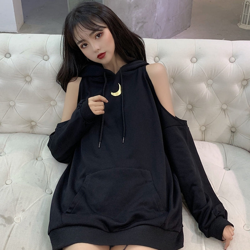 Harajuku Off Shoulder Oversized Moon Hoodie (Black/Grey