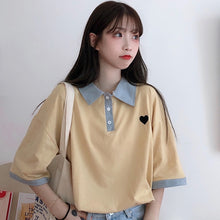Harajuku Half Sleeve Oversized Heart Polo T-shirt (Yellow/Navy)