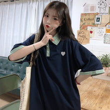 Harajuku Half Sleeve Oversized Heart Polo T-shirt (Yellow/Navy)