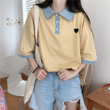 Harajuku Half Sleeve Oversized Heart Polo T-shirt (Yellow/Navy)