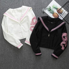 Harajuku Sailor Uniform Style Top with Dragon Sleeve Print (Black/Pink)