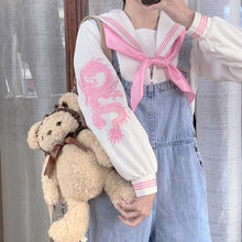 Harajuku Sailor Uniform Style Top with Dragon Sleeve Print (Black/Pink)