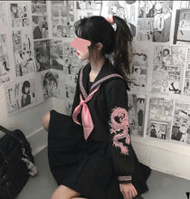 Harajuku Sailor Uniform Style Top with Dragon Sleeve Print (Black/Pink)