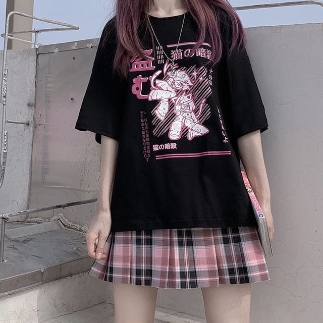 Plus Size Harajuku Menhera Yami Kawaii Fashion Anime Girl T-shirt  (Black/White)