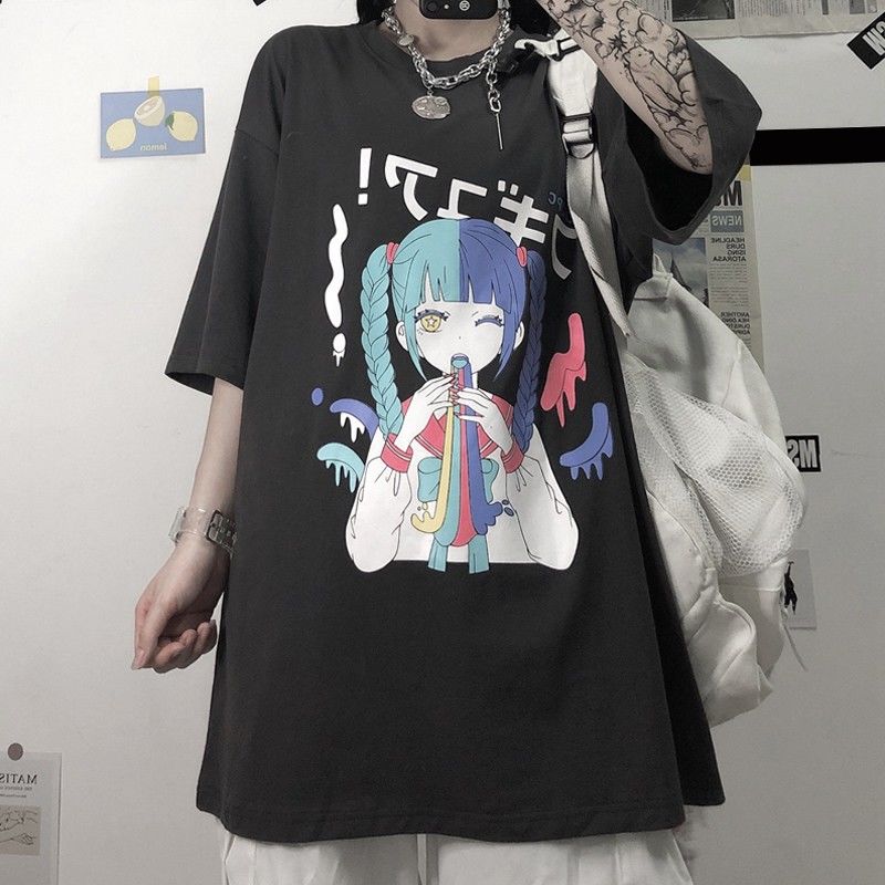 Plus Size Harajuku Menhera Yami Kawaii Fashion Anime Girl T-shirt  (Black/White)