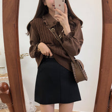 Harajuku Korean Style Ulzzang Peter Pan Collar Button Up Shirt (Brown/White)