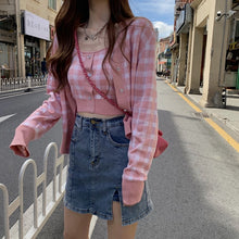 Harajuku Korean Style Gingham Top and Cardigan Two Piece Set
