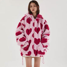 Harajuku Kawaii Aesthetic Korean Y2K Pink Heart Print Overzised Faux Fur Coat