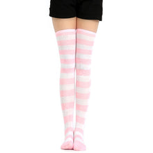 pink and white thigh high striped socks
